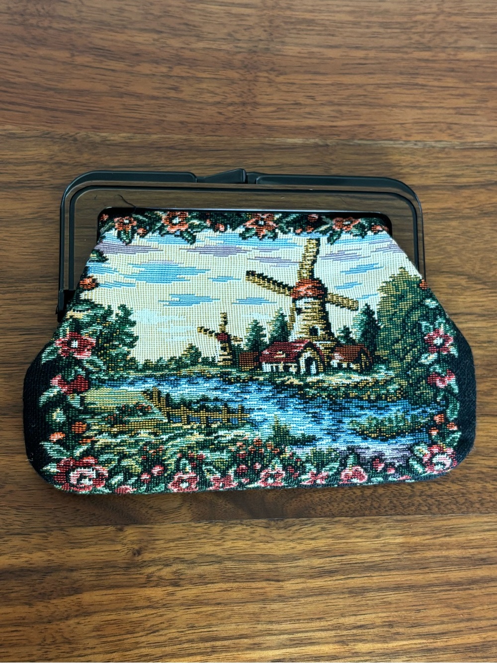 Vintage Windmill Tapestry Coin Purse Clutch Needlepoint Cottagecore Kiss Lock